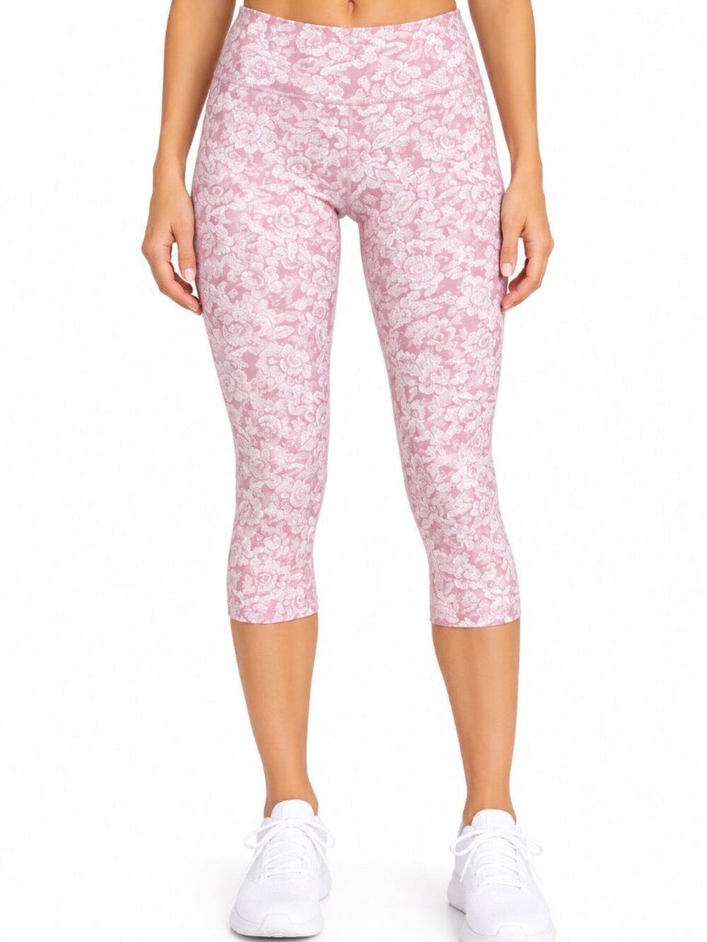 Zella Crop Leggings Pink Floral Print White Stretch Mid Rise Sz M New